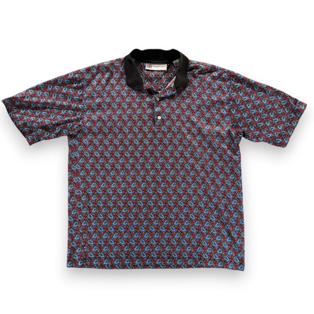 Vintage Slazenger Polo Shirt Adult LARGE Black Red AllOver Paisley Golf 90s